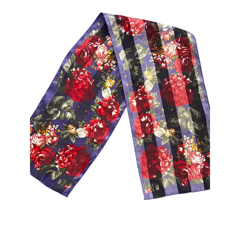 Elaine Gold Vintage Floral Striped Silk Scarf 11x52 Inches Red & Purple Headwear
